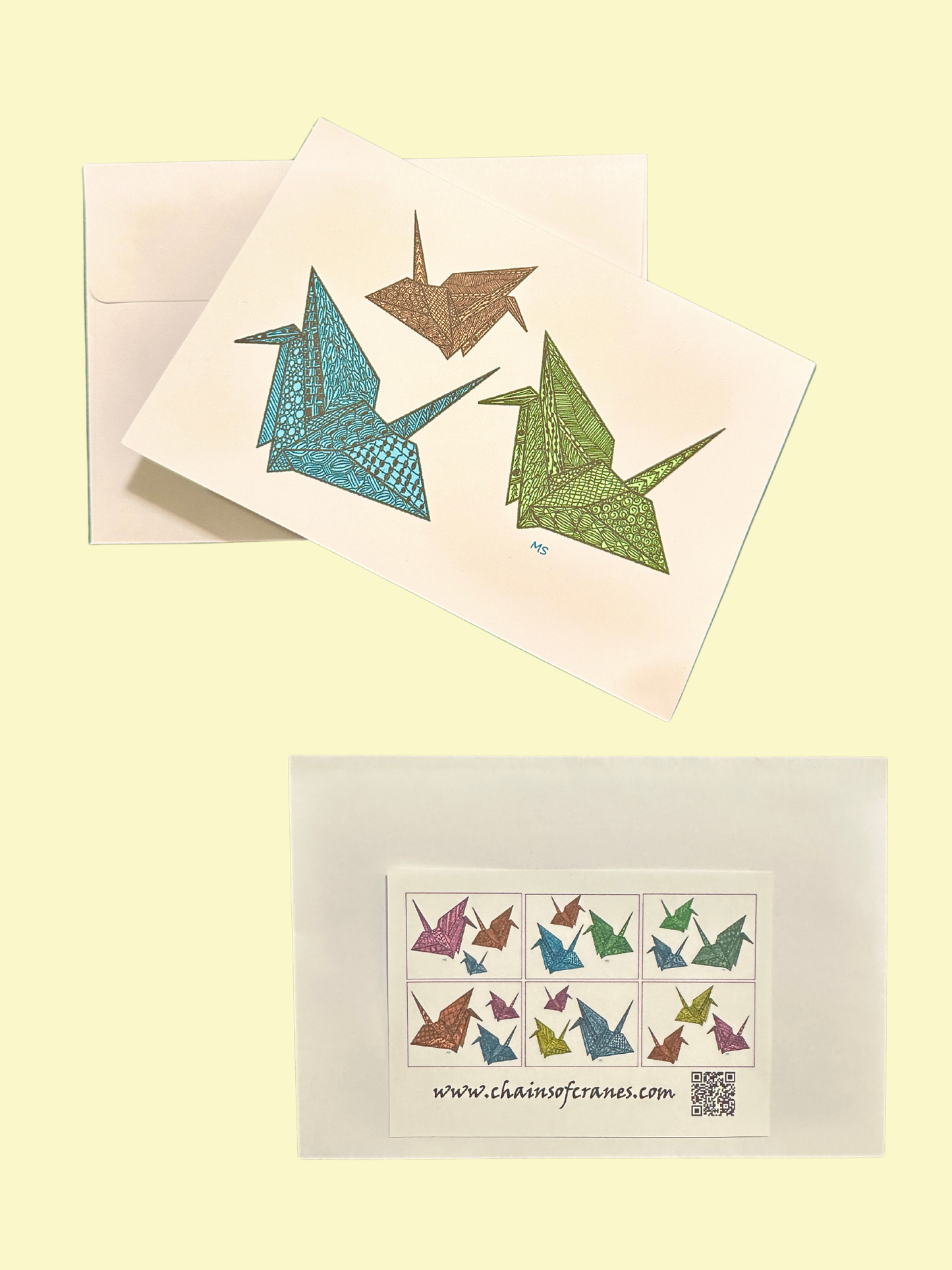 Package of 6 Blank Colorful Zentangled Crane Notecards w/White Envelopes
