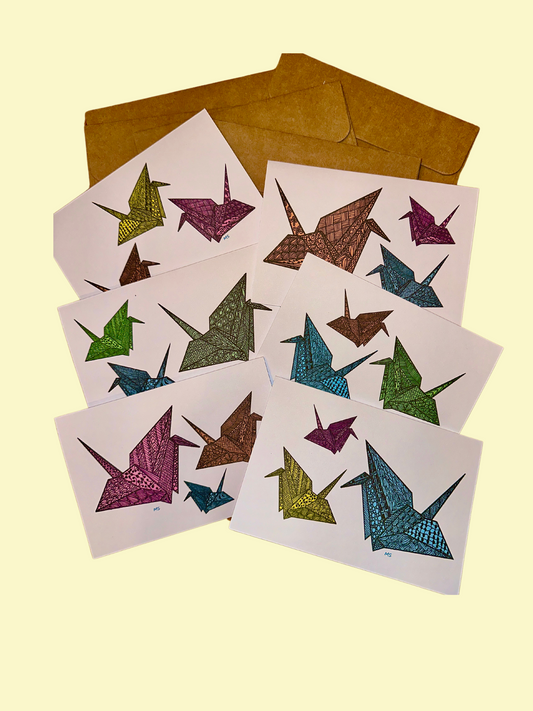 Package of 6 Blank Colorful Zentangled Crane Notecards w/Brown Envelopes