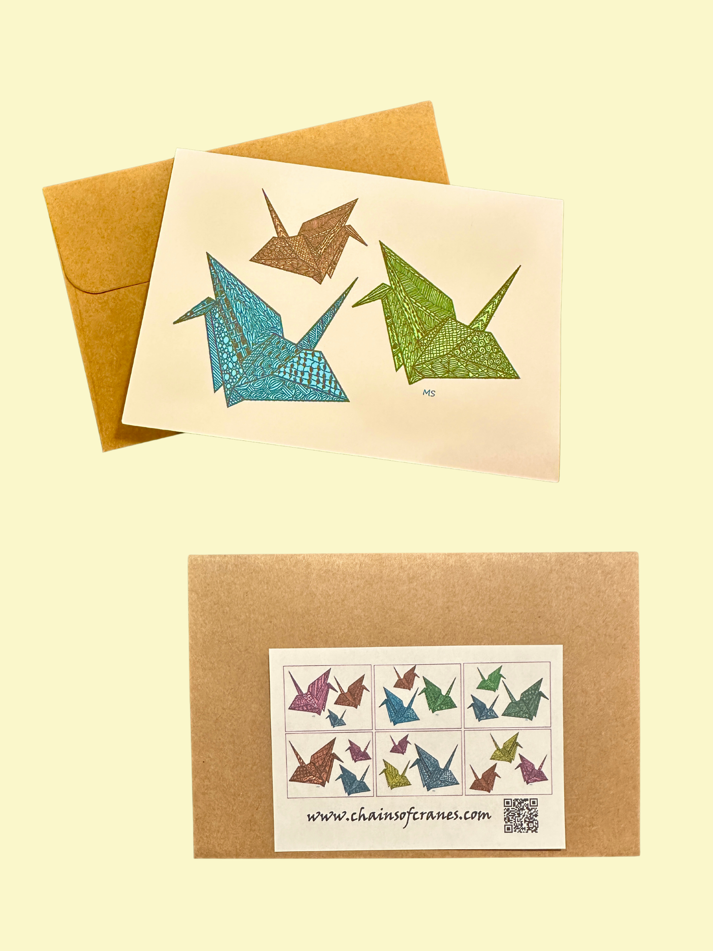 Package of 6 Blank Colorful Zentangled Crane Notecards w/Brown Envelopes