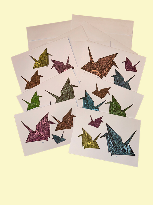 Package of 6 Blank Colorful Zentangled Crane Notecards w/White Envelopes